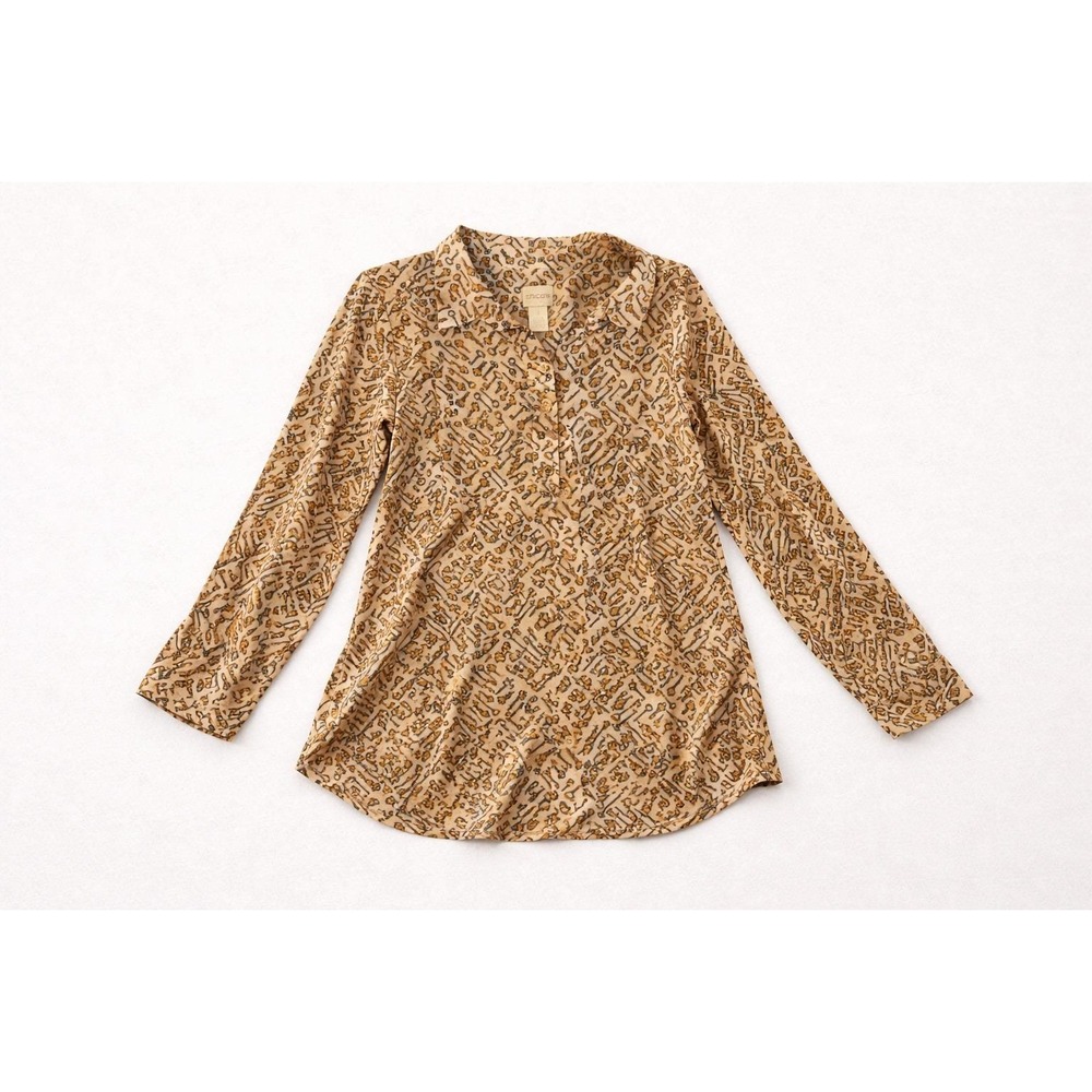 Chico's Women Tan Skeleton Key Print Viscose Button Down Blouse 1 M Artsy